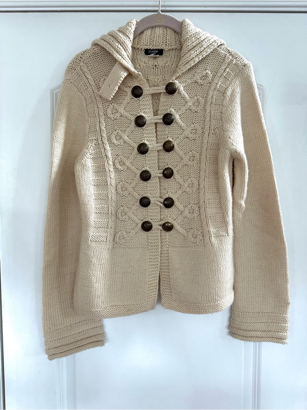 J Crew 146 Rare Vintage Hand Knit Wool Fishermans Cardigan Sweater Med Tan Women
